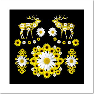 deer blooming sunflowers daisies red deer floral pattern Posters and Art